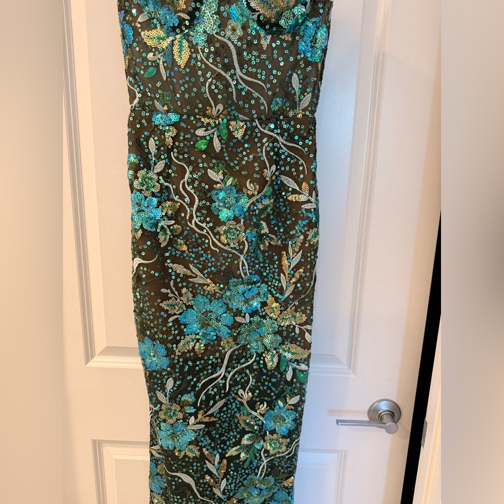 NWOT BRONX AND BANCO Dahlia Teal Multi Maxi Dress, Strapless Floral Gown - Picture 5 of 14